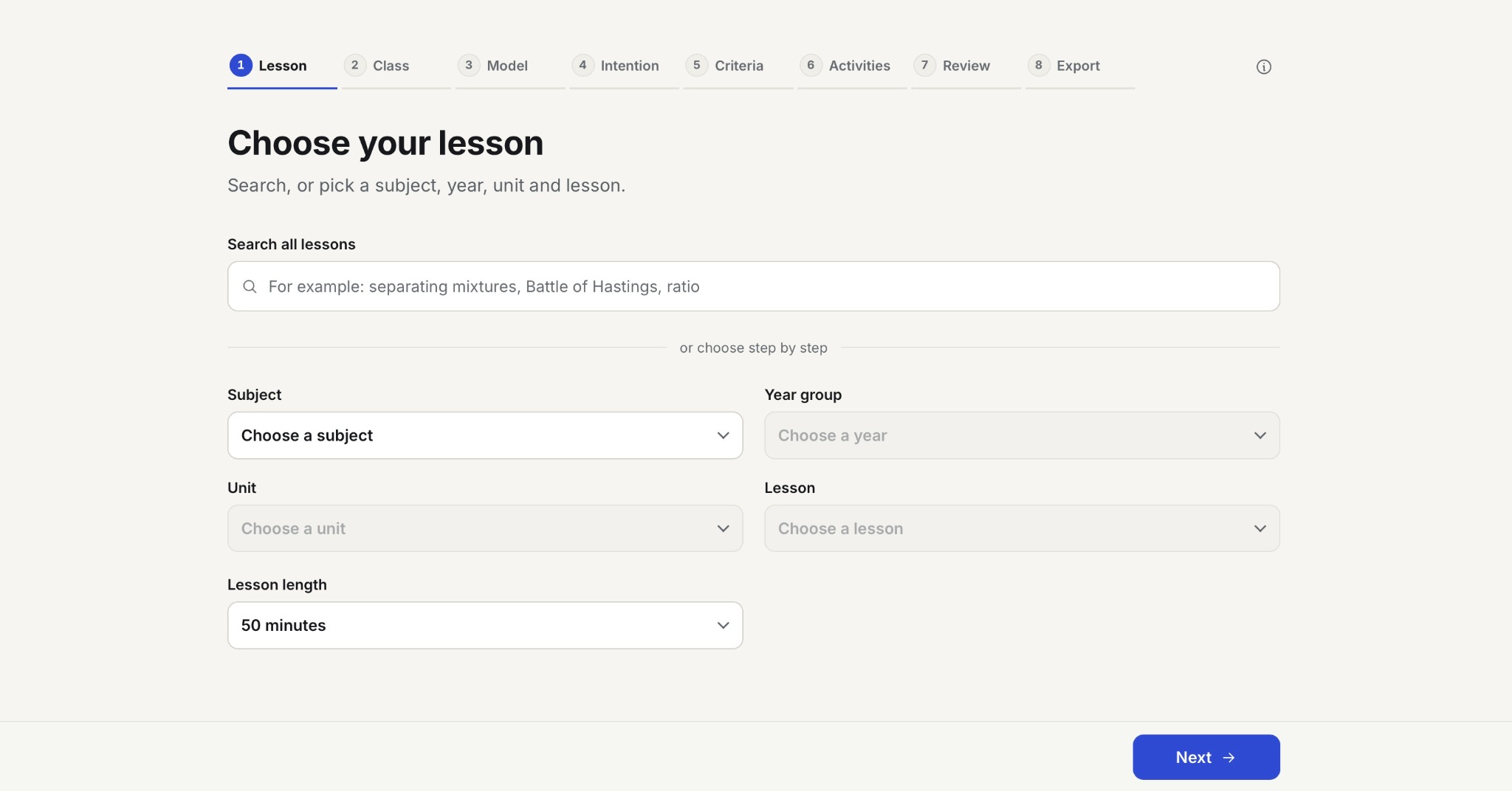 Real platform screen: Choose your lesson
